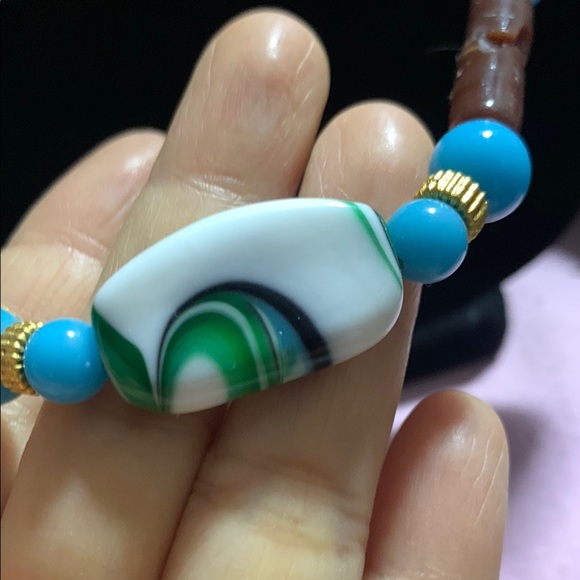 Blue and Gold Necklace with Turquoise Beads and Decorative Elements - Picture 2 of 11